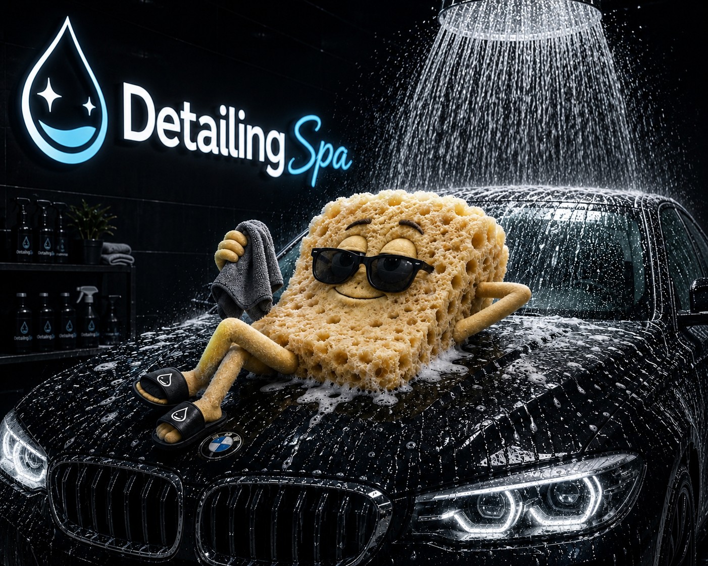 DetailingSpa — sieni-maskotti rentoutumassa juuri pestyn mustan BMW:n konepellillä, taustalla DetailingSpa-logo